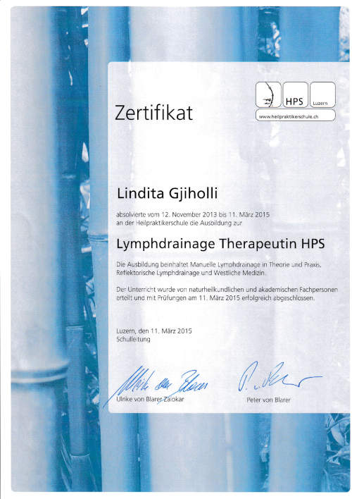 Zertifikat Lymphdrainage Therapeutin HPS
