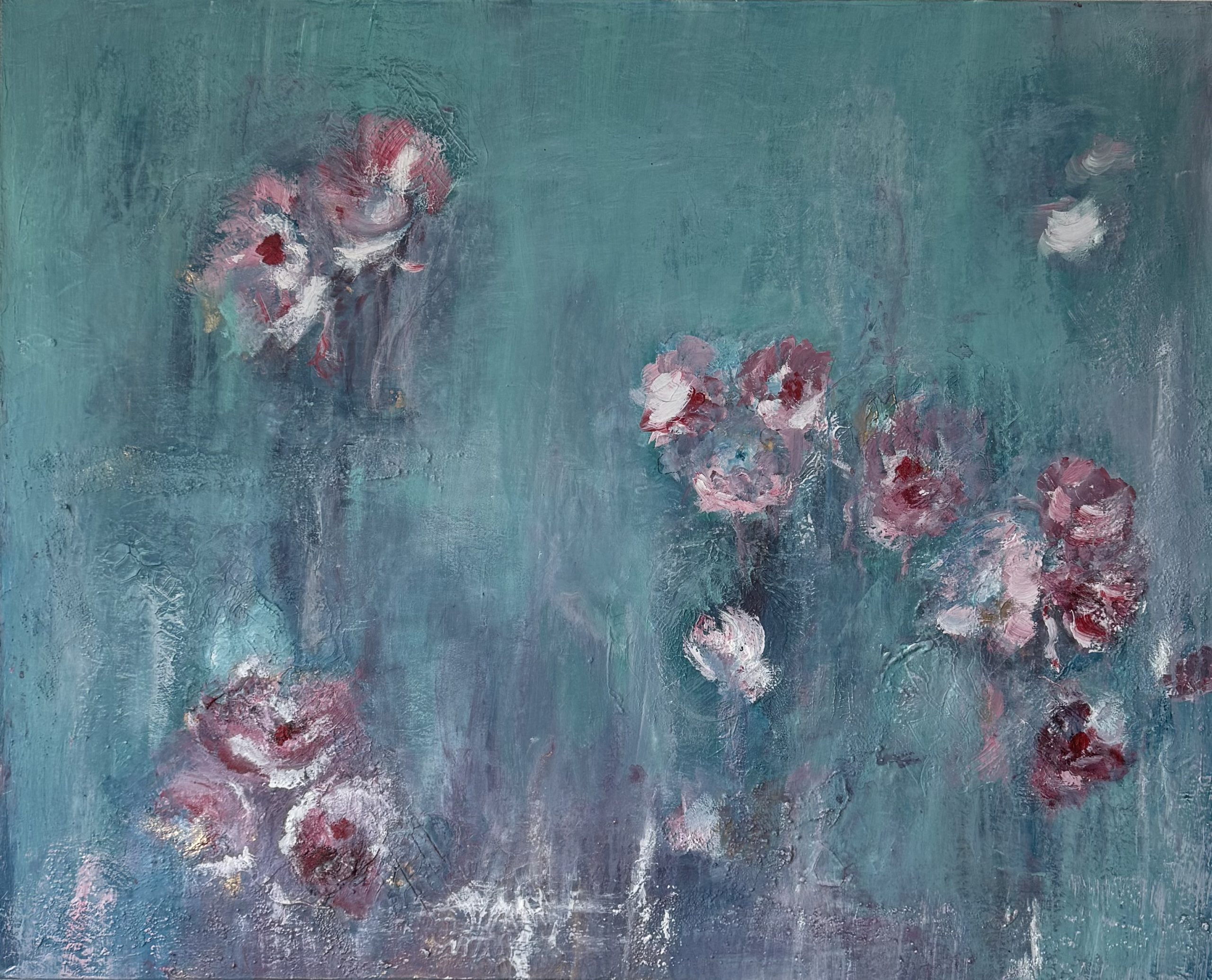 Seerosen mit Acryl und Pigmenten auf Leinwand B 100 x H 80 cm Preis: 920 CHF